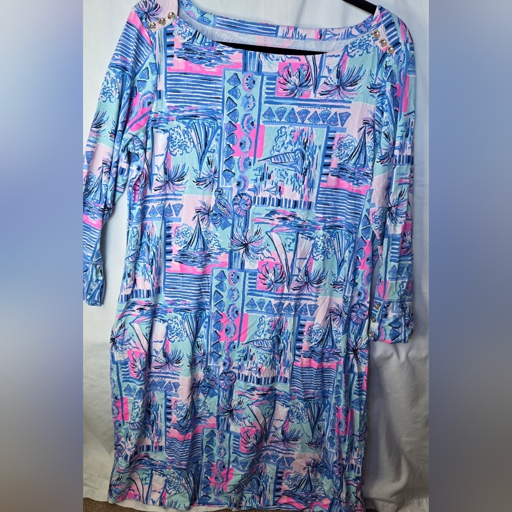 Lilly Pulitzer Sophie UPF 50 Whisper Blue Yeah Buoy Women's Sz XL Vibrant Preppy